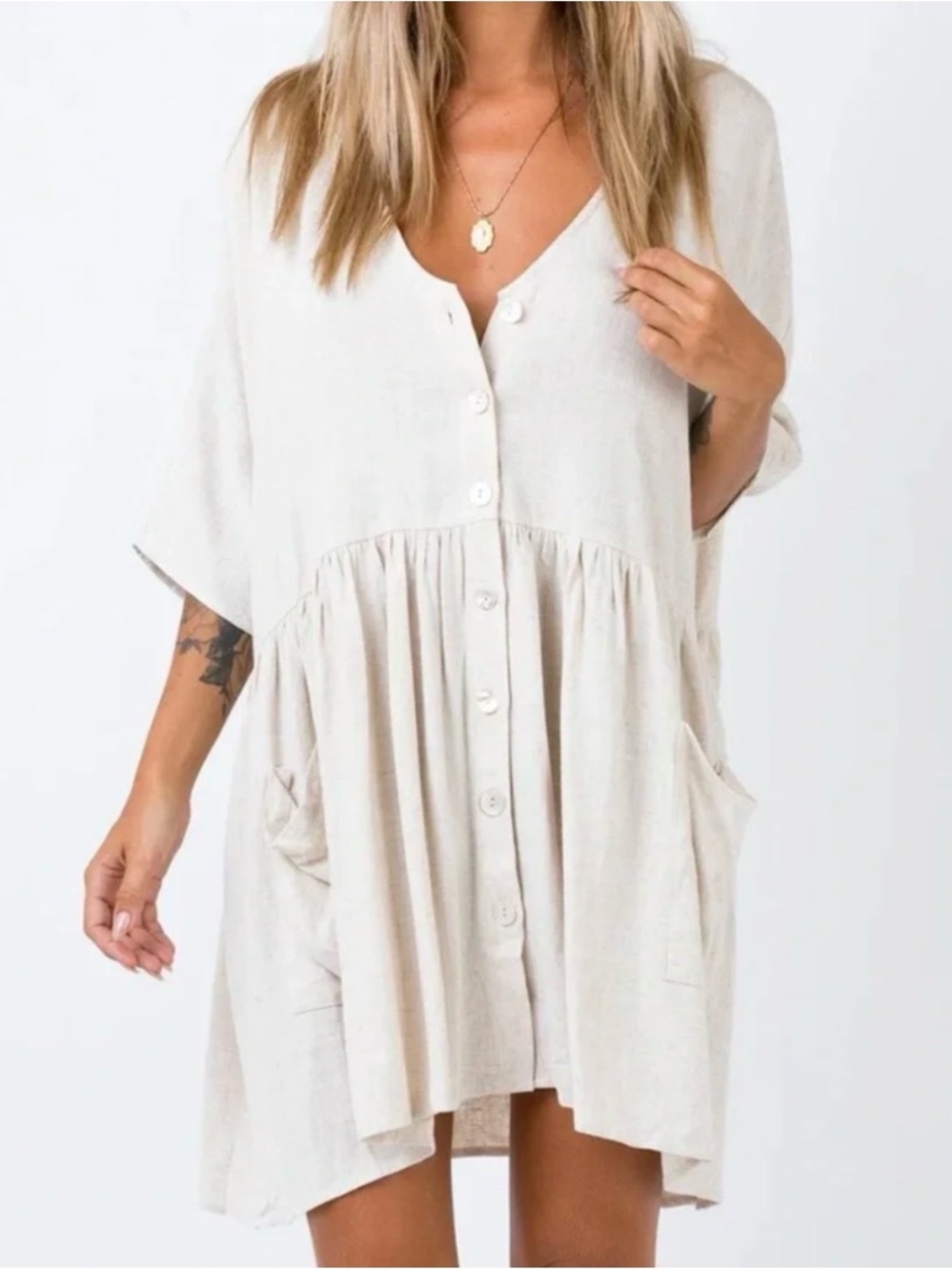 Princess Polly Sandy Mini Dress Linen Blend Button Front Babydoll Dress Top